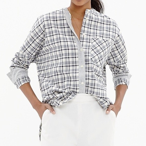 Madewell Collarless Long Sleeve Messenger Shirt Dossier Plaid Womens Size Medium - Picture 1 of 12